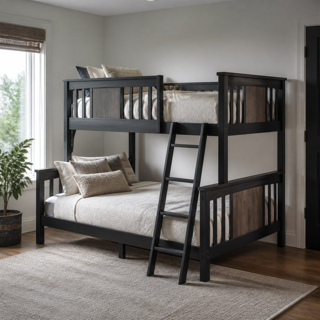 Natural Wood Bunk with Modular Drawers shown in a square photorealistic convertible bunk bed room visualization