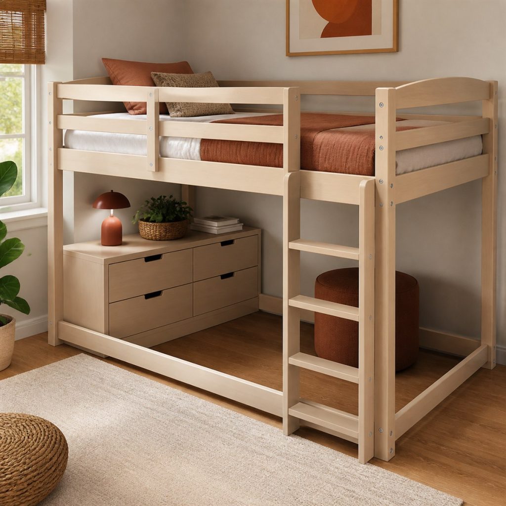 Two-Tone Bunk with Reversible Ladder Side shown in a square photorealistic convertible bunk bed room visualization
