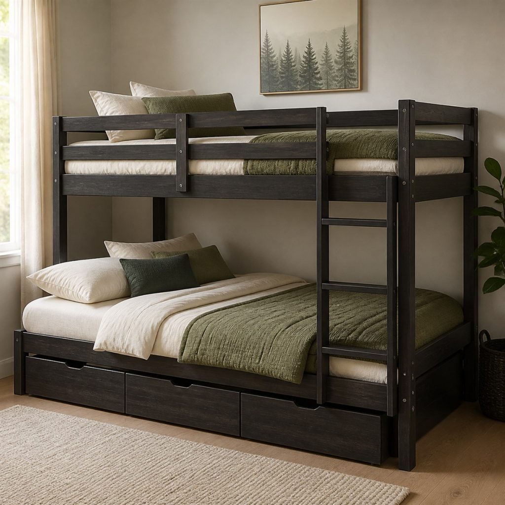 Espresso Bunk with Guest Storage Base shown in a square photorealistic convertible bunk bed room visualization