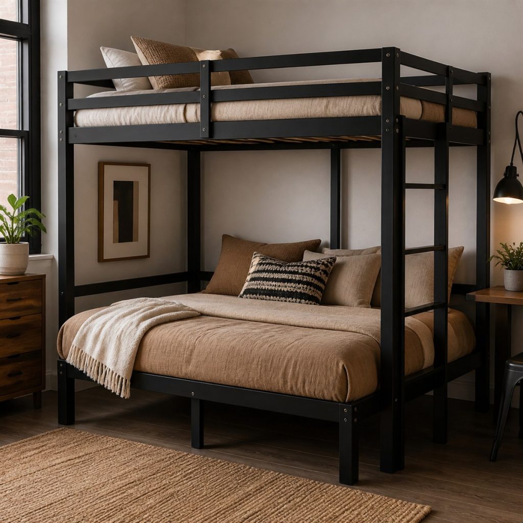 Minimal Bunk with Independent Bed Frames shown in a square photorealistic convertible bunk bed room visualization