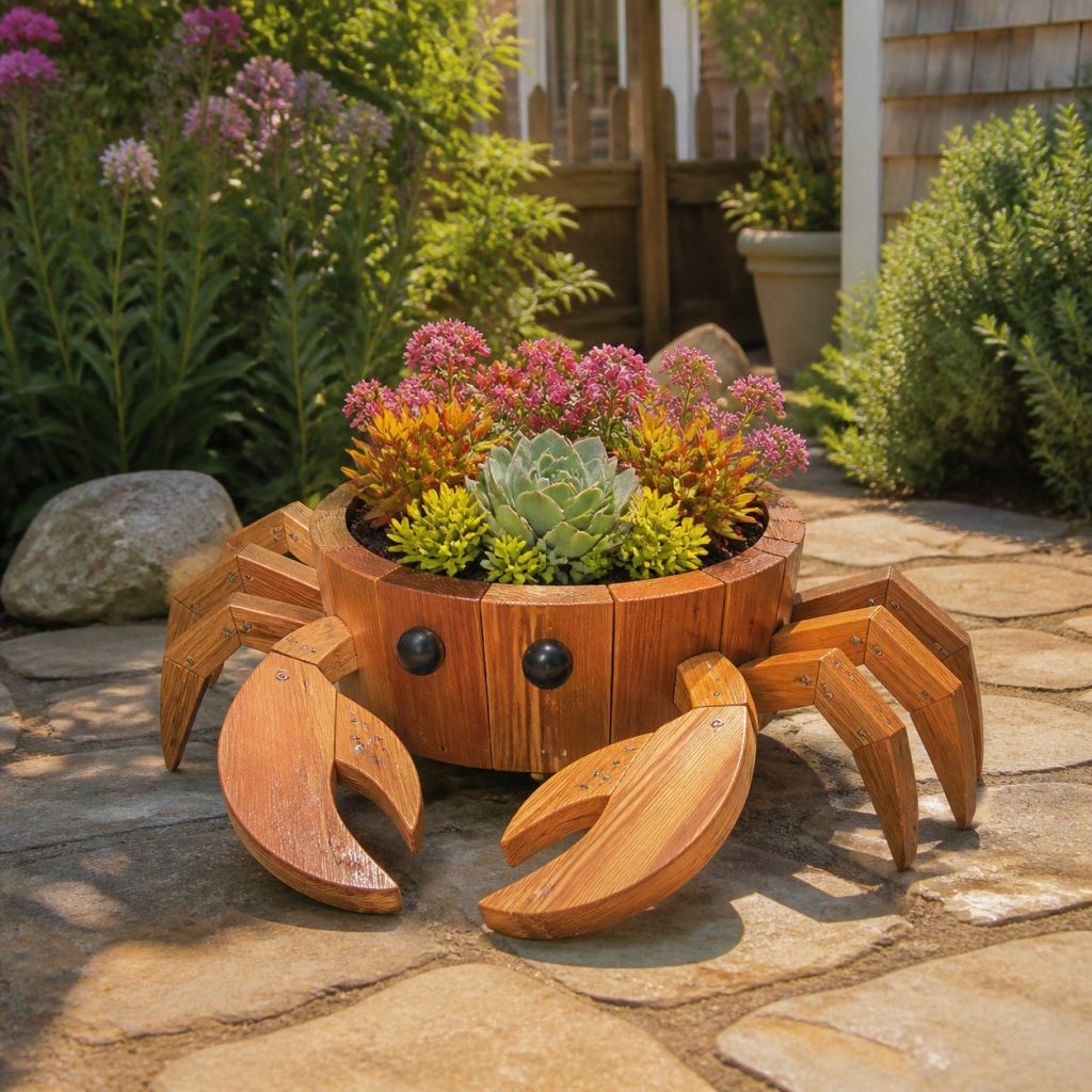 Compact Succulent Crab shown as a square photorealistic cedar crab-shaped garden planter filled with flowers