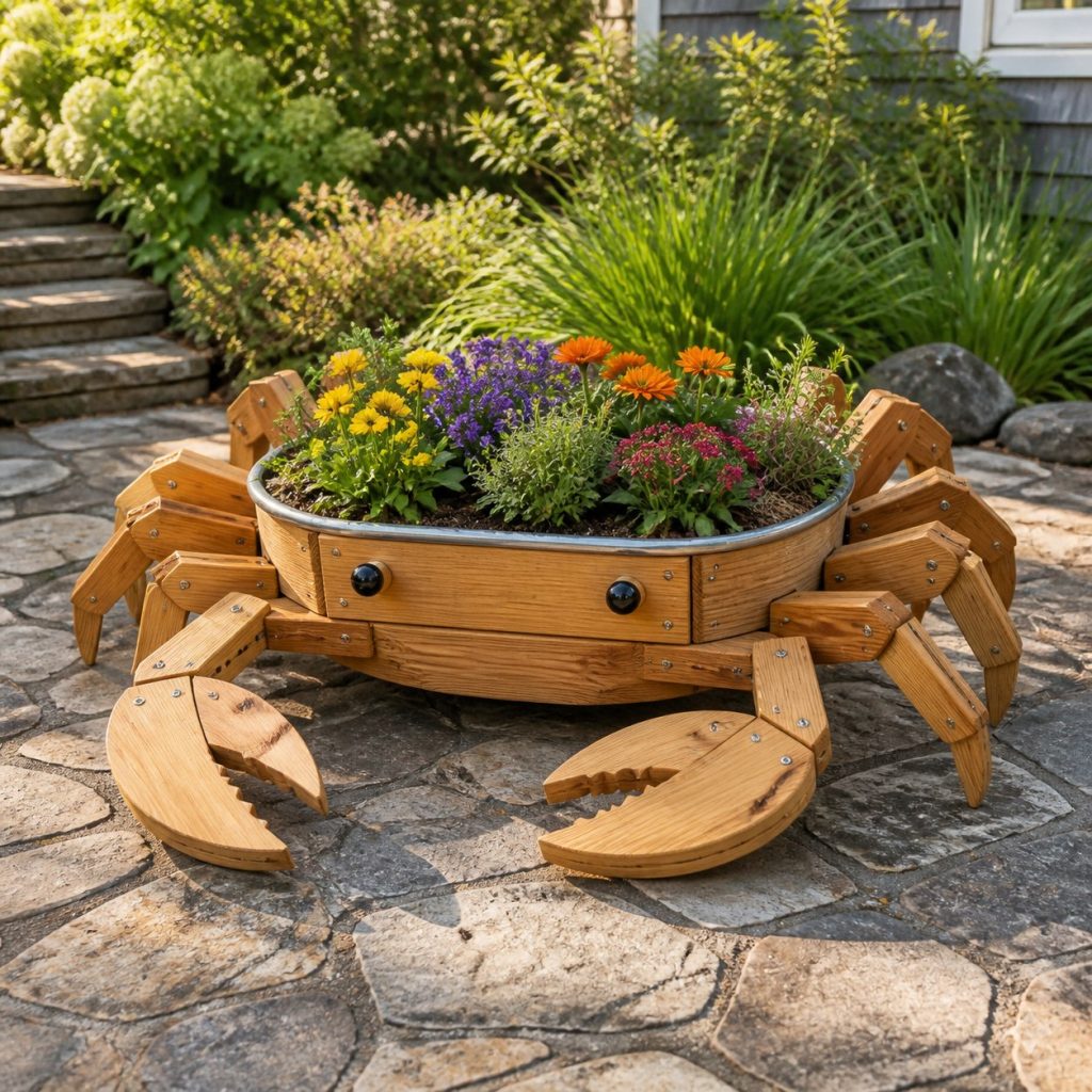 Wide Crab with Metal Liner shown as a square photorealistic cedar crab-shaped garden planter filled with flowers