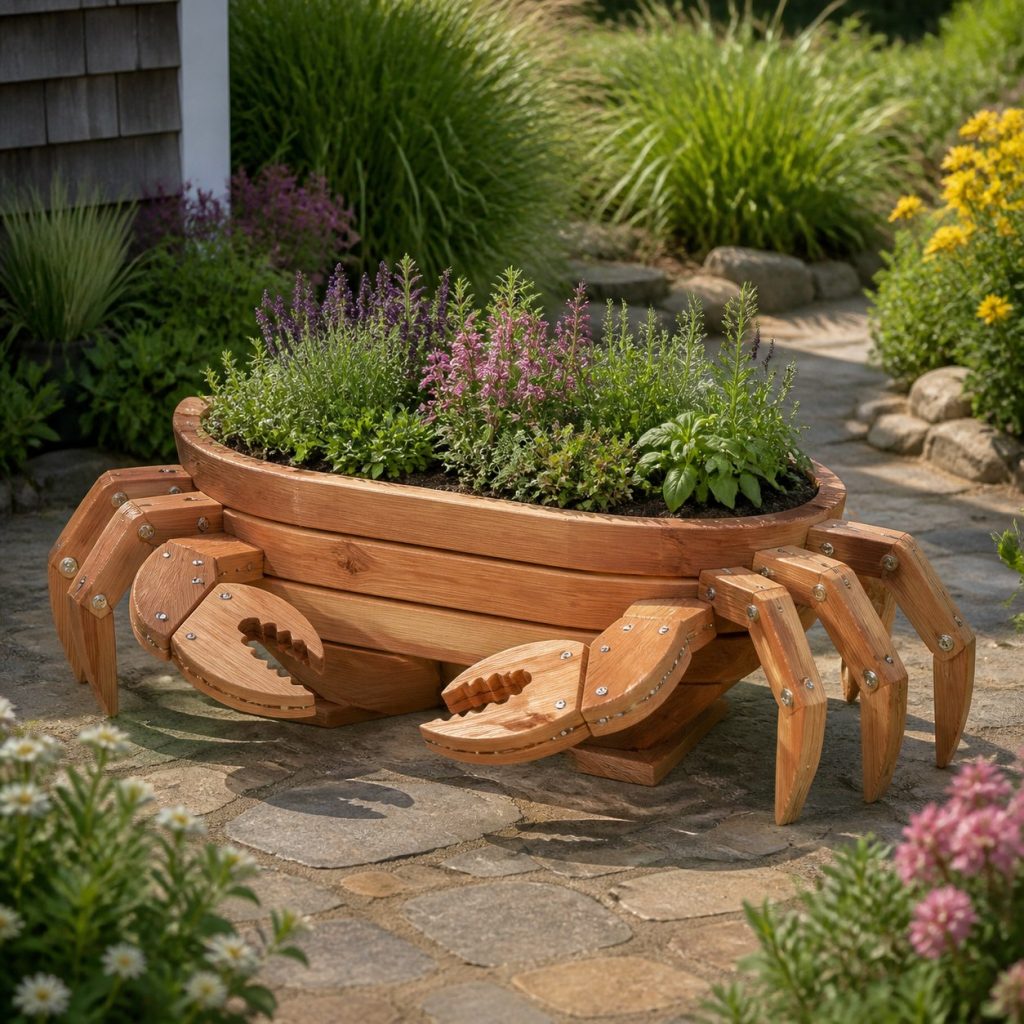 Slatted Herb-Trough Crab shown as a square photorealistic cedar crab-shaped garden planter filled with flowers