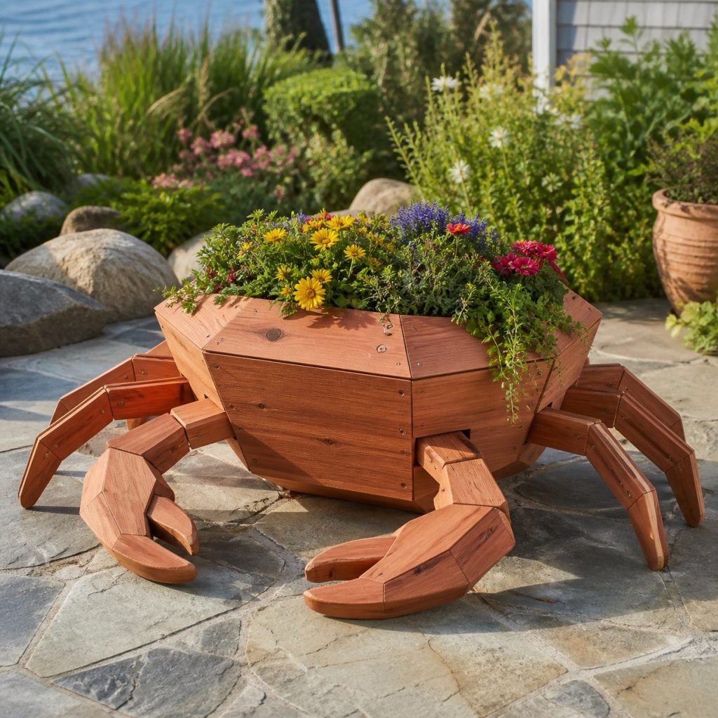 Modern Geometric Crab shown as a square photorealistic cedar crab-shaped garden planter filled with flowers