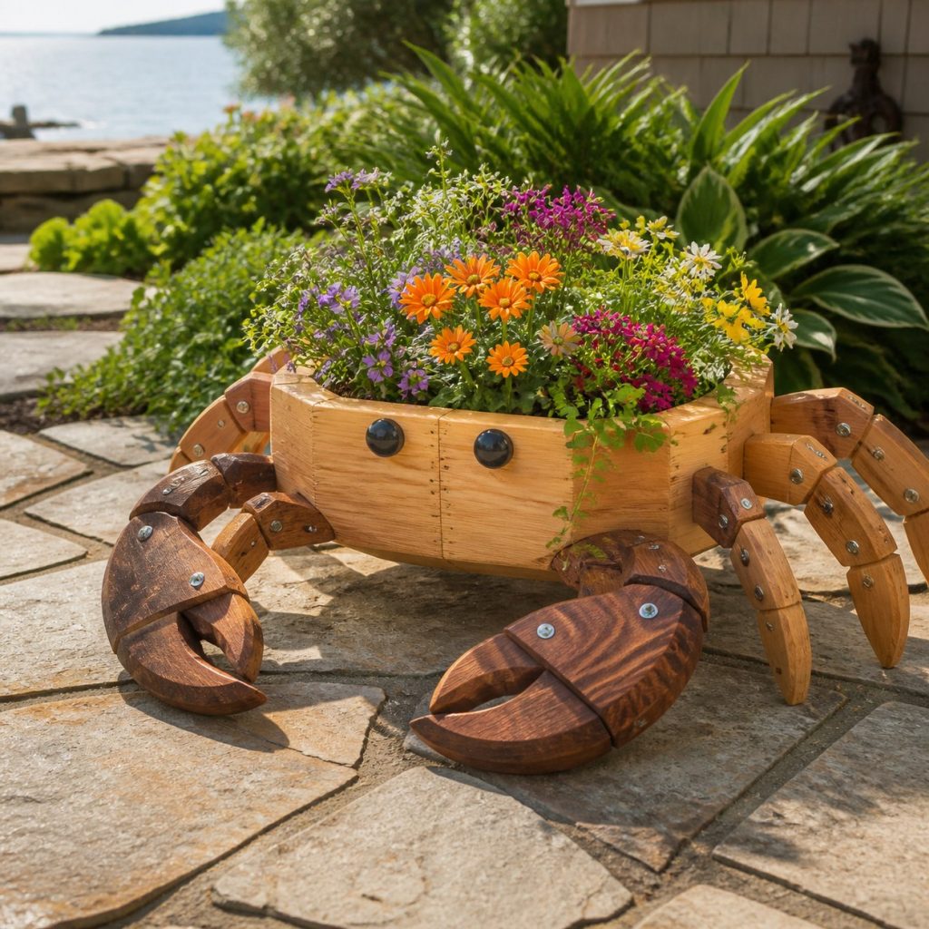 Two-Tone Cedar Crab shown as a square photorealistic cedar crab-shaped garden planter filled with flowers
