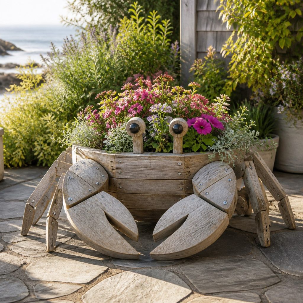 Weathered Cottage Crab shown as a square photorealistic cedar crab-shaped garden planter filled with flowers