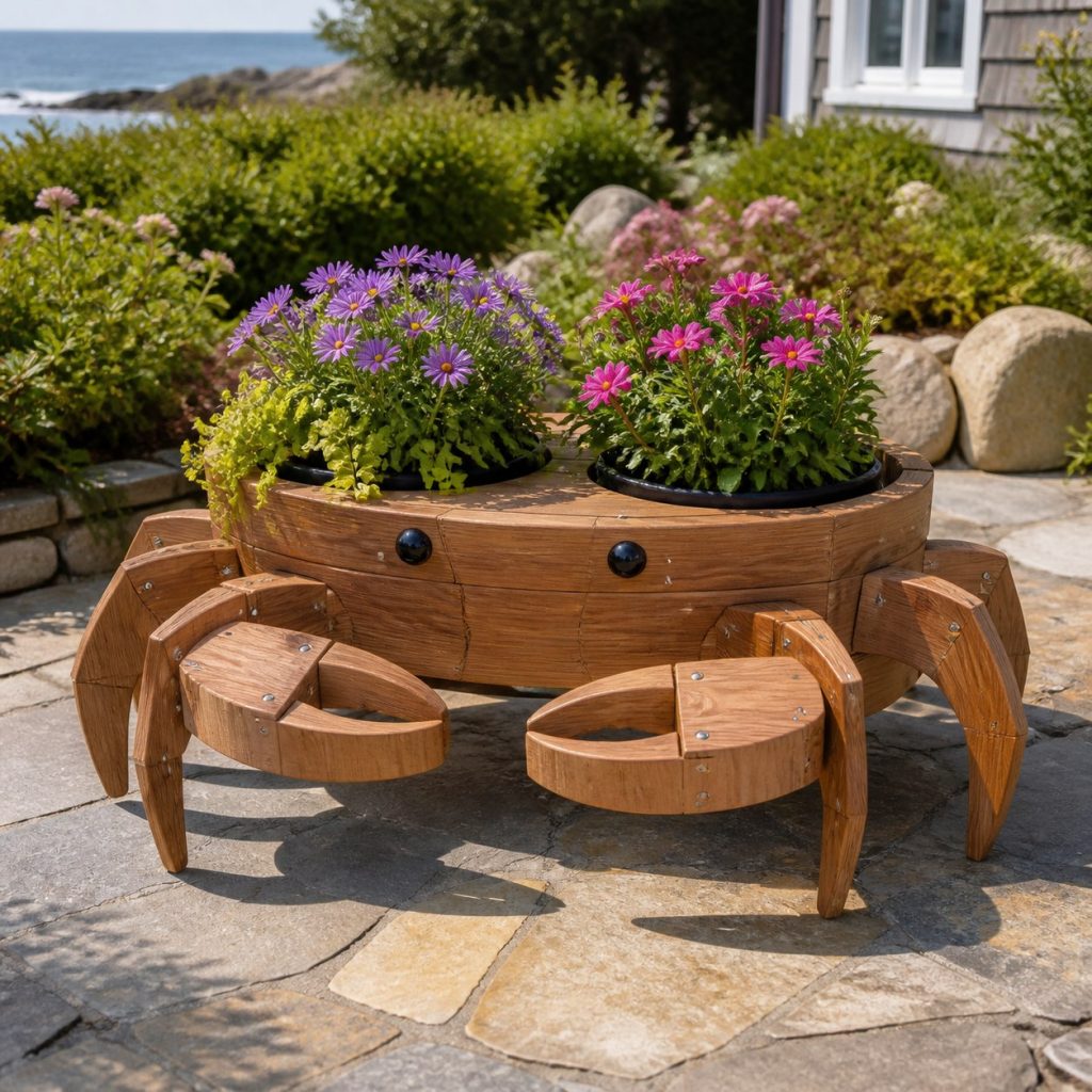 Crab with Twin Flower Pots shown as a square photorealistic cedar crab-shaped garden planter filled with flowers