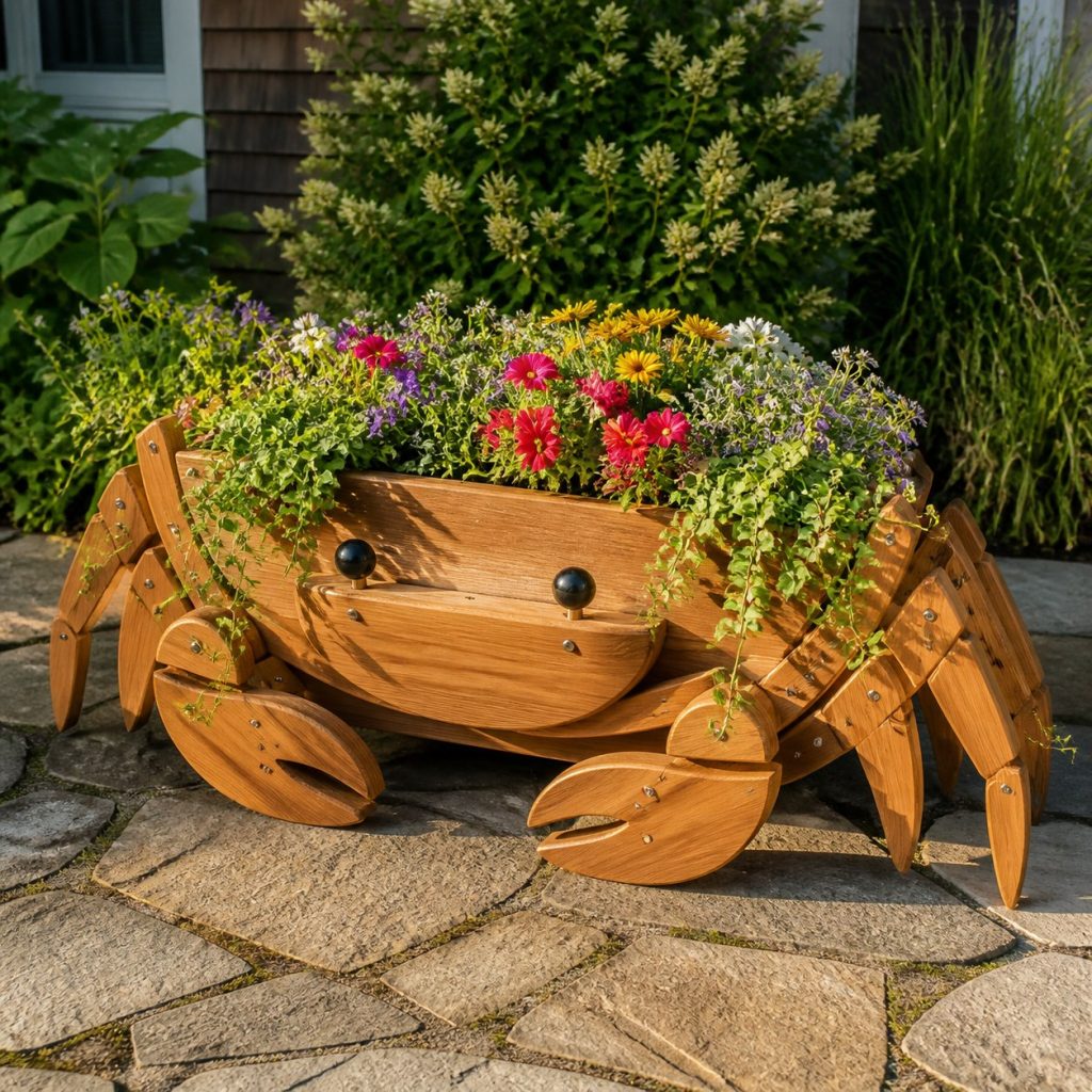 Trailing-Flower Crab Planter shown as a square photorealistic cedar crab-shaped garden planter filled with flowers