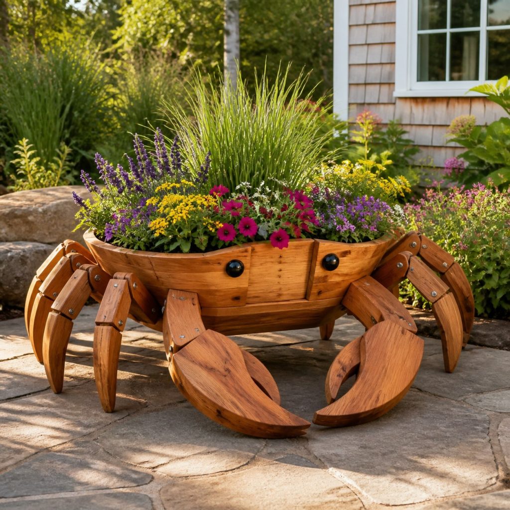 Large Grass-Filled Crab shown as a square photorealistic cedar crab-shaped garden planter filled with flowers