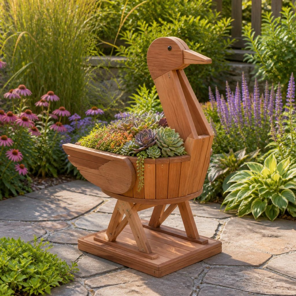 Compact Succulent Crane shown as a square photorealistic cedar crane-shaped garden planter filled with flowers