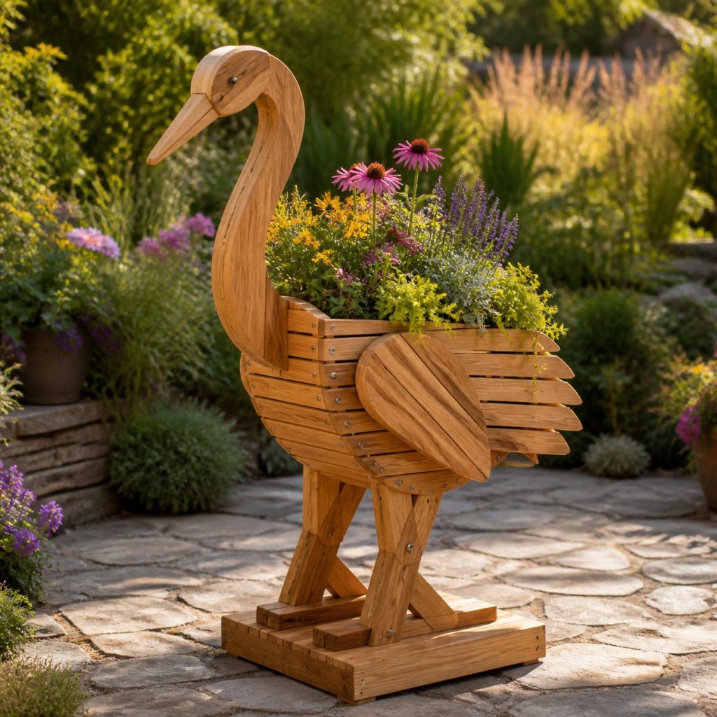 Slatted Herb-Trough Crane shown as a square photorealistic cedar crane-shaped garden planter filled with flowers