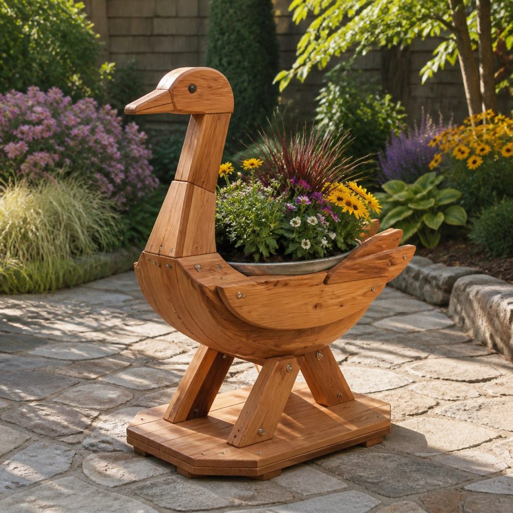 Crane with Galvanized Liner shown as a square photorealistic cedar crane-shaped garden planter filled with flowers