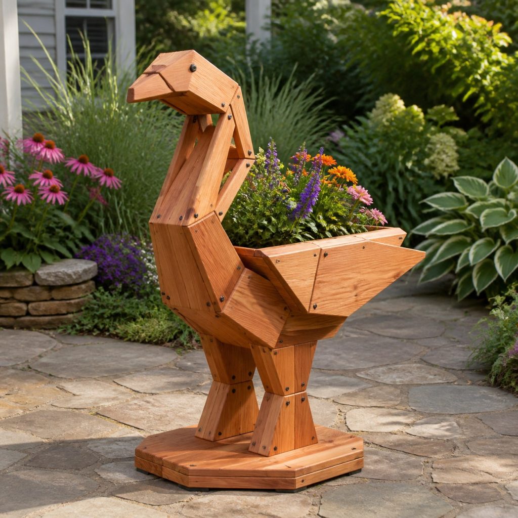 Modern Geometric Crane shown as a square photorealistic cedar crane-shaped garden planter filled with flowers