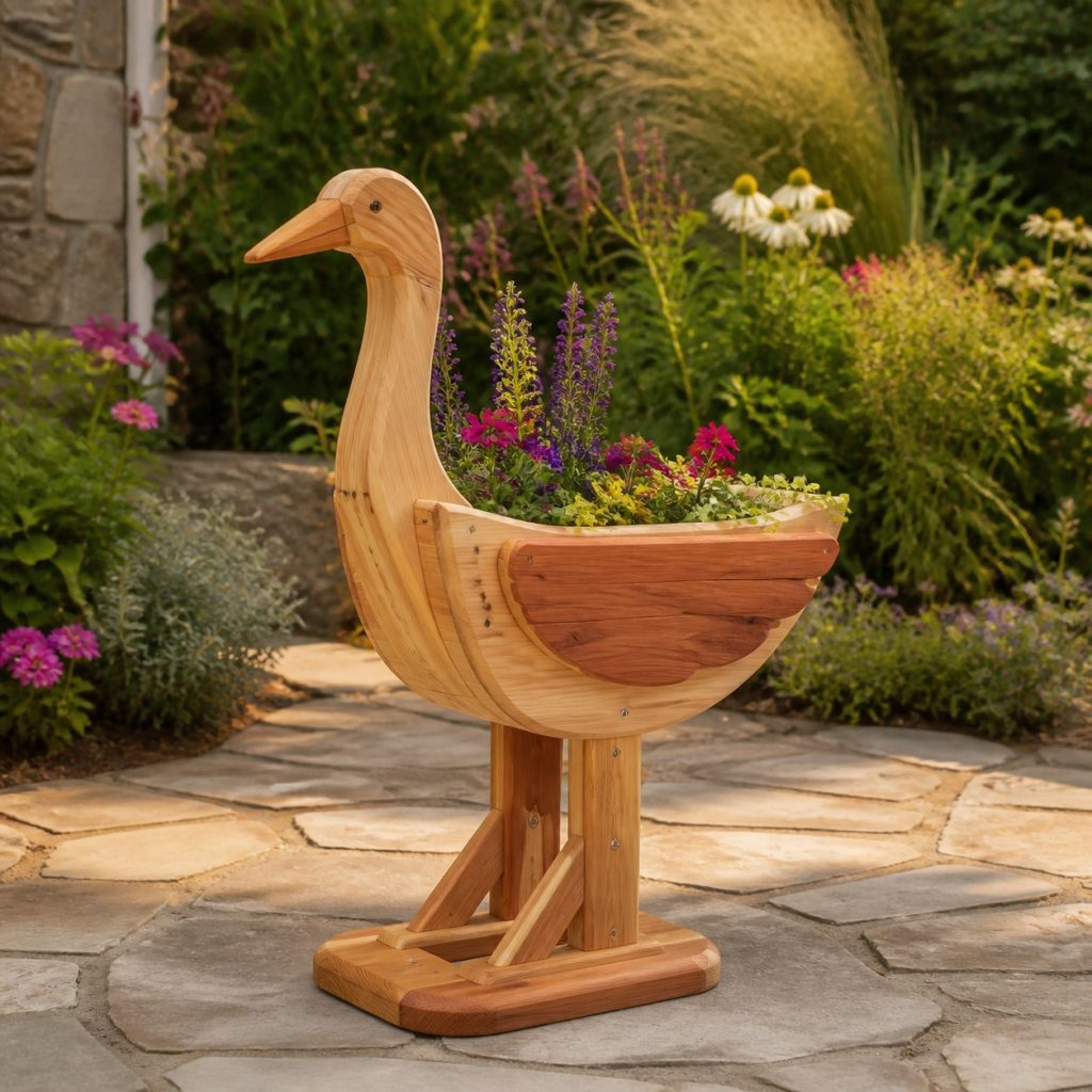Two-Tone Cedar Crane shown as a square photorealistic cedar crane-shaped garden planter filled with flowers