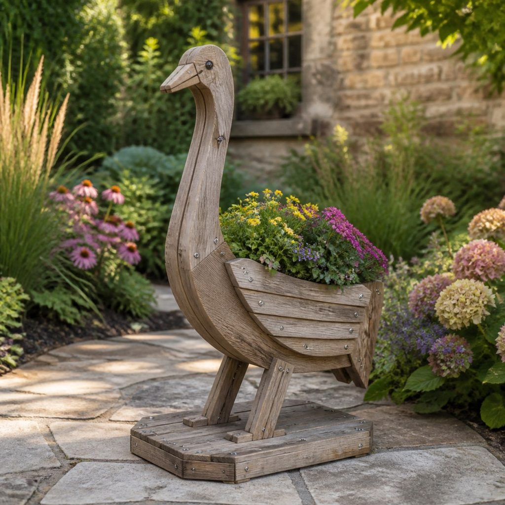 Weathered Cottage Crane shown as a square photorealistic cedar crane-shaped garden planter filled with flowers