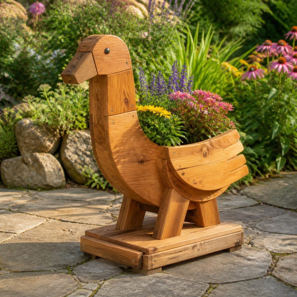 Crane with Twin Flower Pots shown as a square photorealistic cedar crane-shaped garden planter filled with flowers