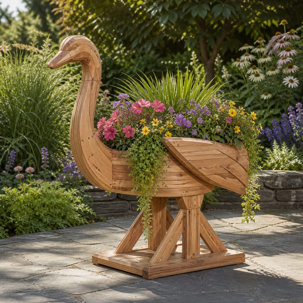 Trailing-Flower Crane shown as a square photorealistic cedar crane-shaped garden planter filled with flowers