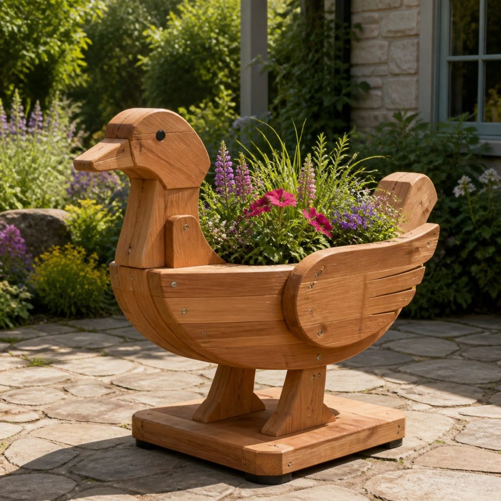 Large Grass-Filled Crane shown as a square photorealistic cedar crane-shaped garden planter filled with flowers