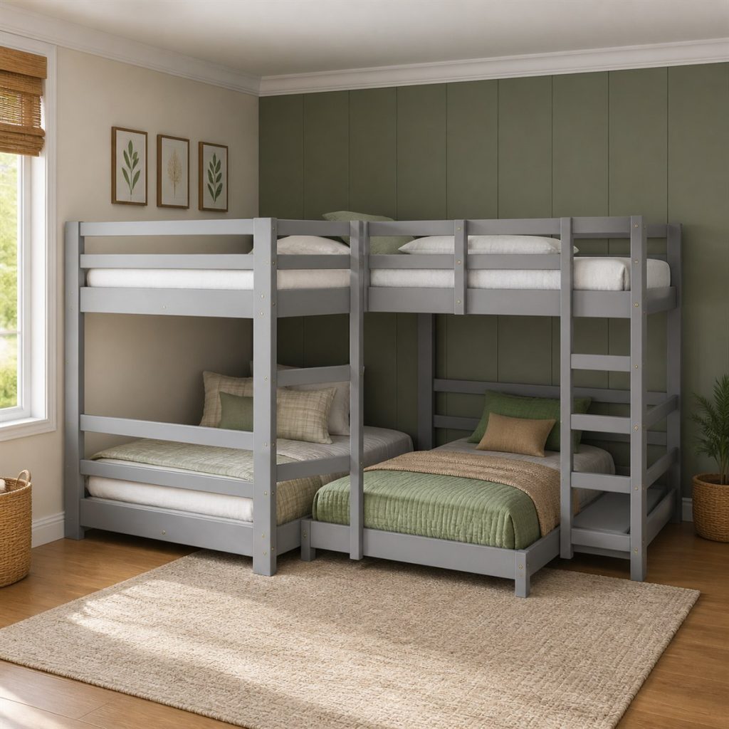Walnut Loft with Bookcase End shown as a square photorealistic loft bunk bed bedroom visualization