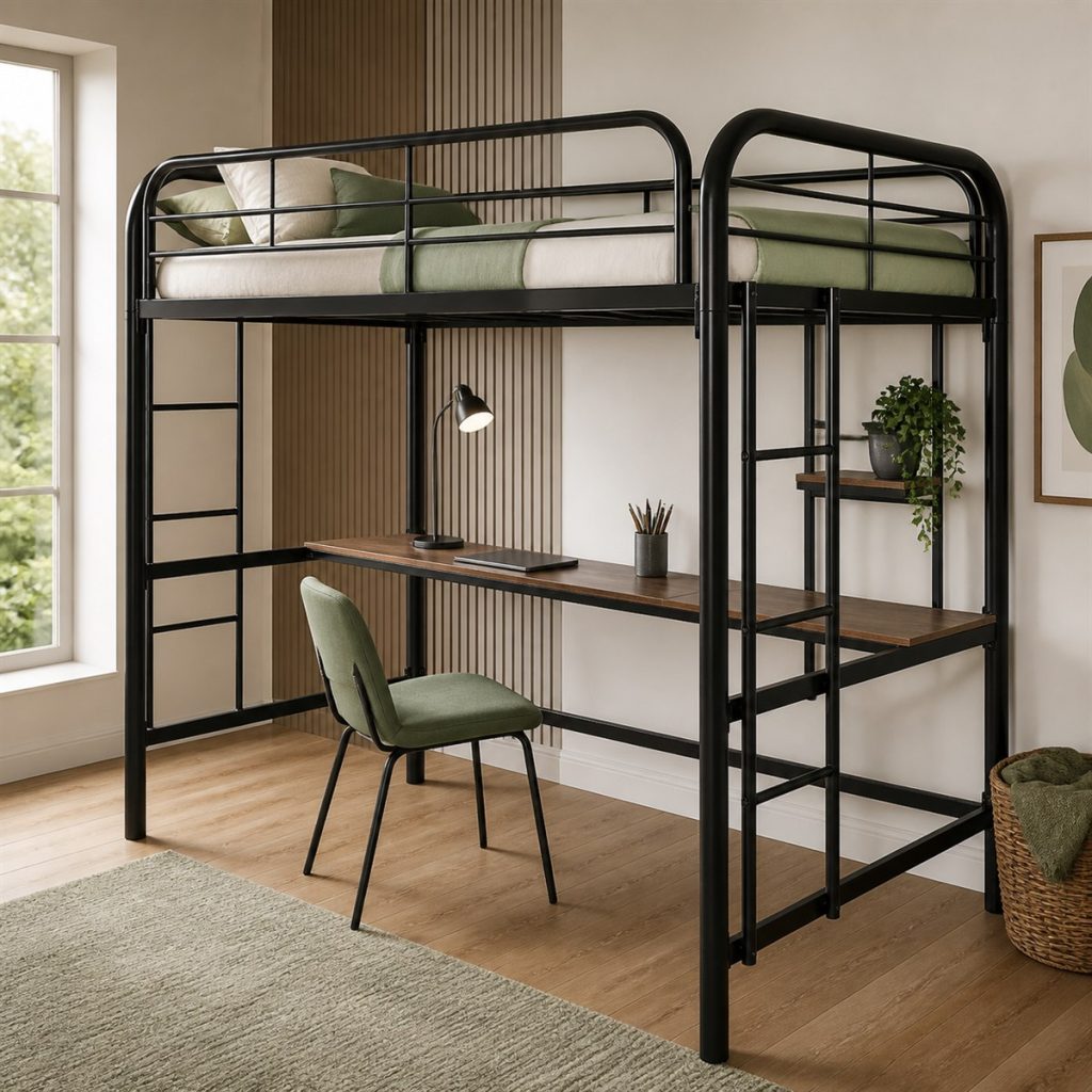 Charcoal Loft with Corner Workstation shown as a square photorealistic loft bunk bed bedroom visualization