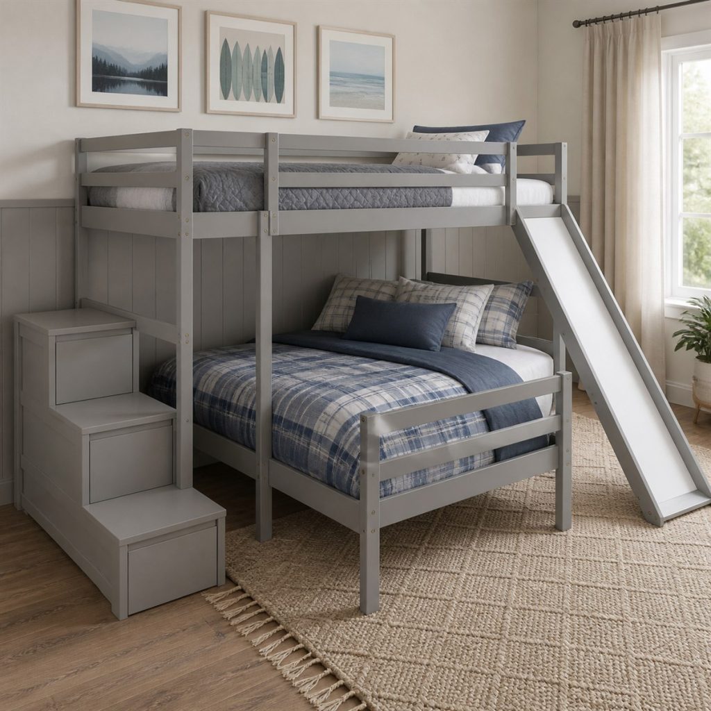 House-Frame Loft with Open Play Space shown as a square photorealistic loft bunk bed bedroom visualization