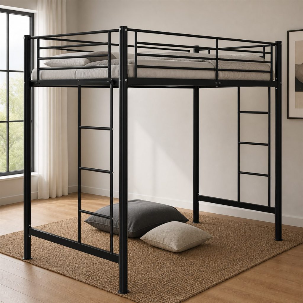 Black Metal Loft with Long Desk shown as a square photorealistic loft bunk bed bedroom visualization