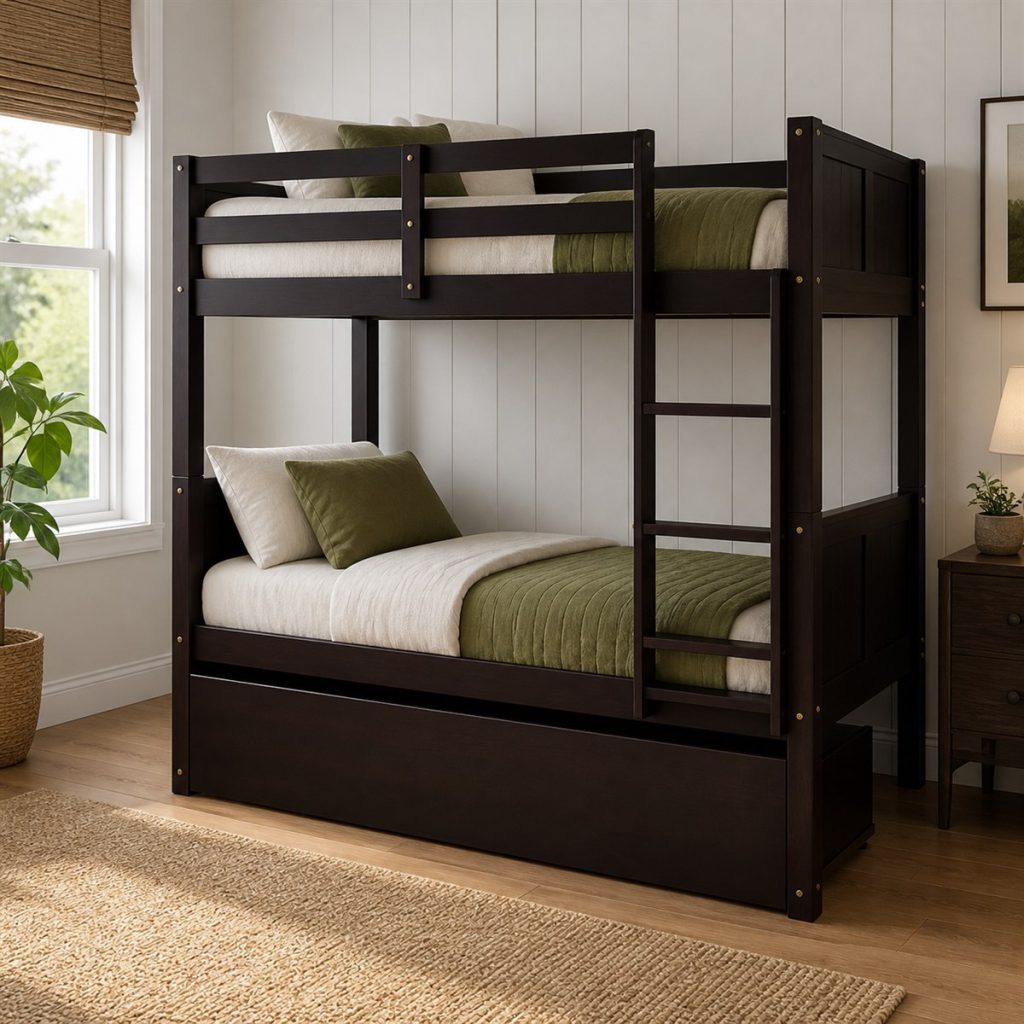 Minimal Loft with Floating Shelves shown as a square photorealistic loft bunk bed bedroom visualization