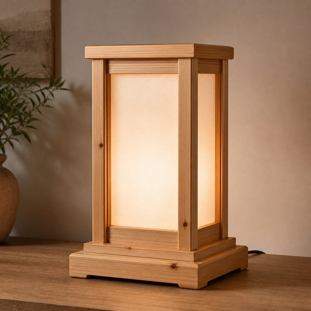 Cypress Frame Diffuser Table Lamp shown as an original square photorealistic cypress wood lamp with authentic grain, warm diffused light, and a short dark power cord