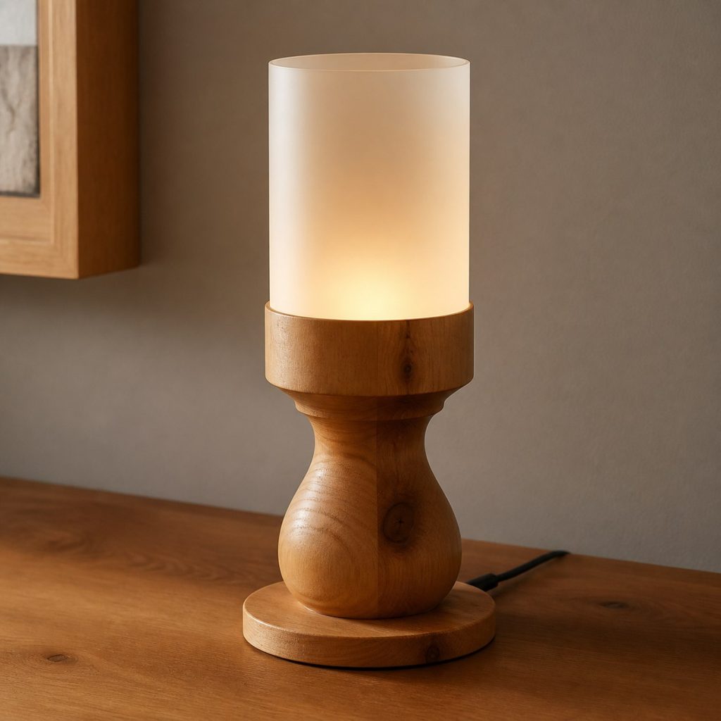 Cypress Turned Bedside Lamp shown as an original square photorealistic cypress wood lamp with authentic grain, warm diffused light, and a short dark power cord