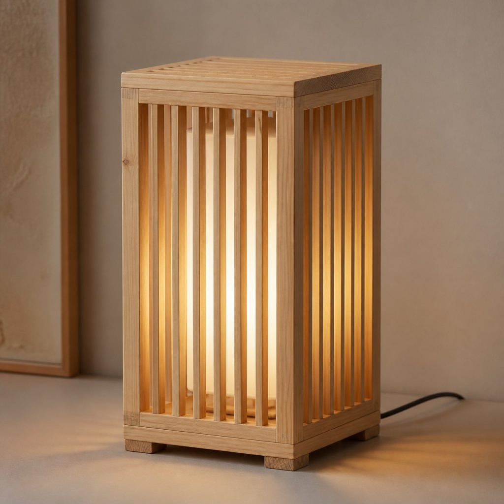 Cypress Slatted Lantern Lamp shown as an original square photorealistic cypress wood lamp with authentic grain, warm diffused light, and a short dark power cord
