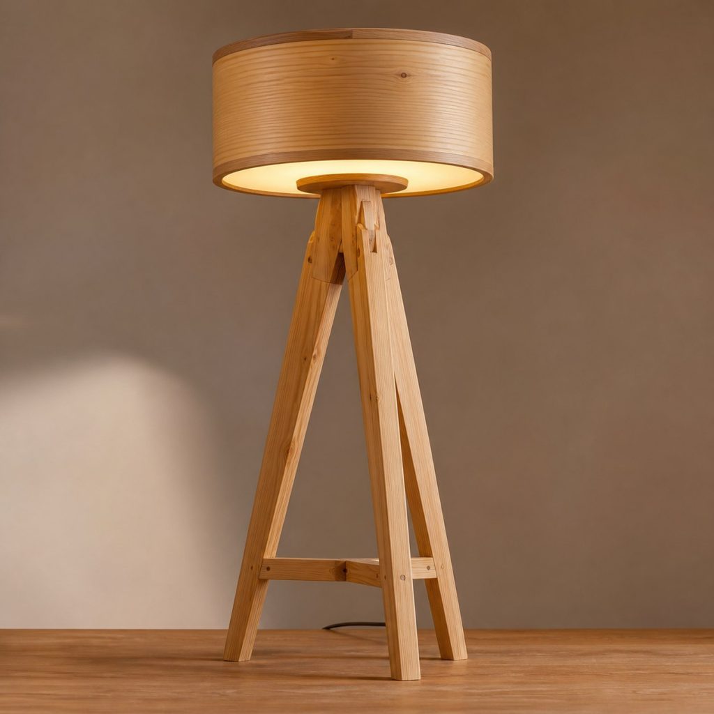 Cypress Tripod Reading Lamp shown as an original square photorealistic cypress wood lamp with authentic grain, warm diffused light, and a short dark power cord