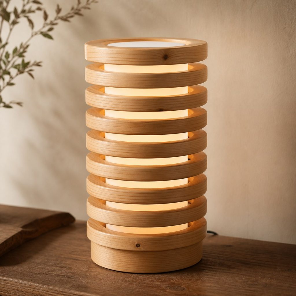 Cypress Stacked Ring Lamp shown as an original square photorealistic cypress wood lamp with authentic grain, warm diffused light, and a short dark power cord