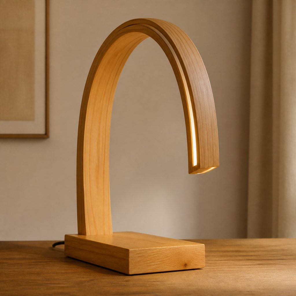 Cypress Laminated Arch Lamp shown as an original square photorealistic cypress wood lamp with authentic grain, warm diffused light, and a short dark power cord