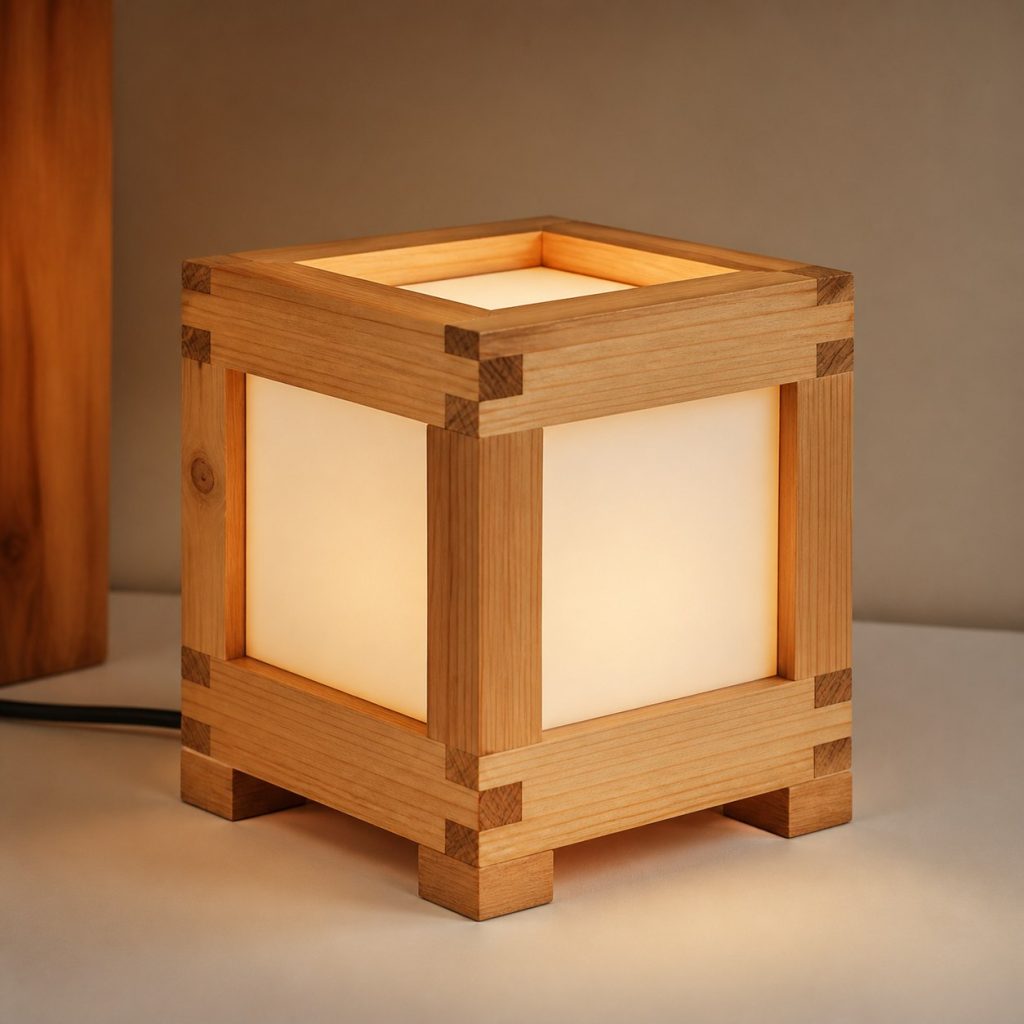 Cypress Box-Jointed Cube Lamp shown as an original square photorealistic cypress wood lamp with authentic grain, warm diffused light, and a short dark power cord