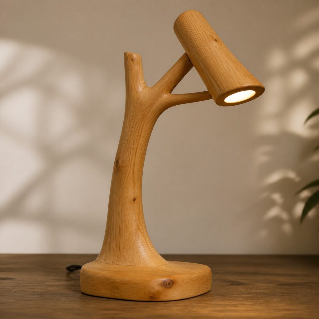 Cypress Branch Reading Lamp shown as an original square photorealistic cypress wood lamp with authentic grain, warm diffused light, and a short dark power cord