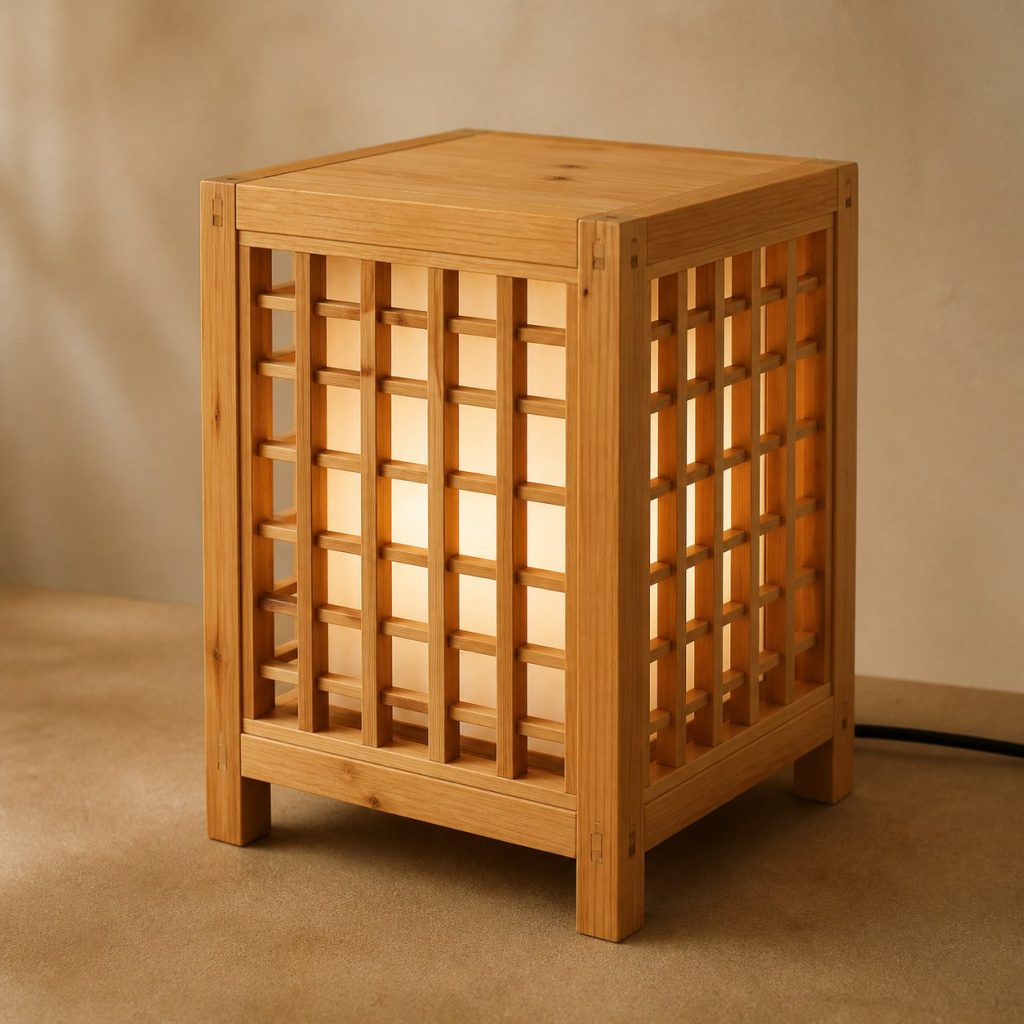 Cypress Lattice Lamp shown as an original square photorealistic cypress wood lamp with authentic grain, warm diffused light, and a short dark power cord