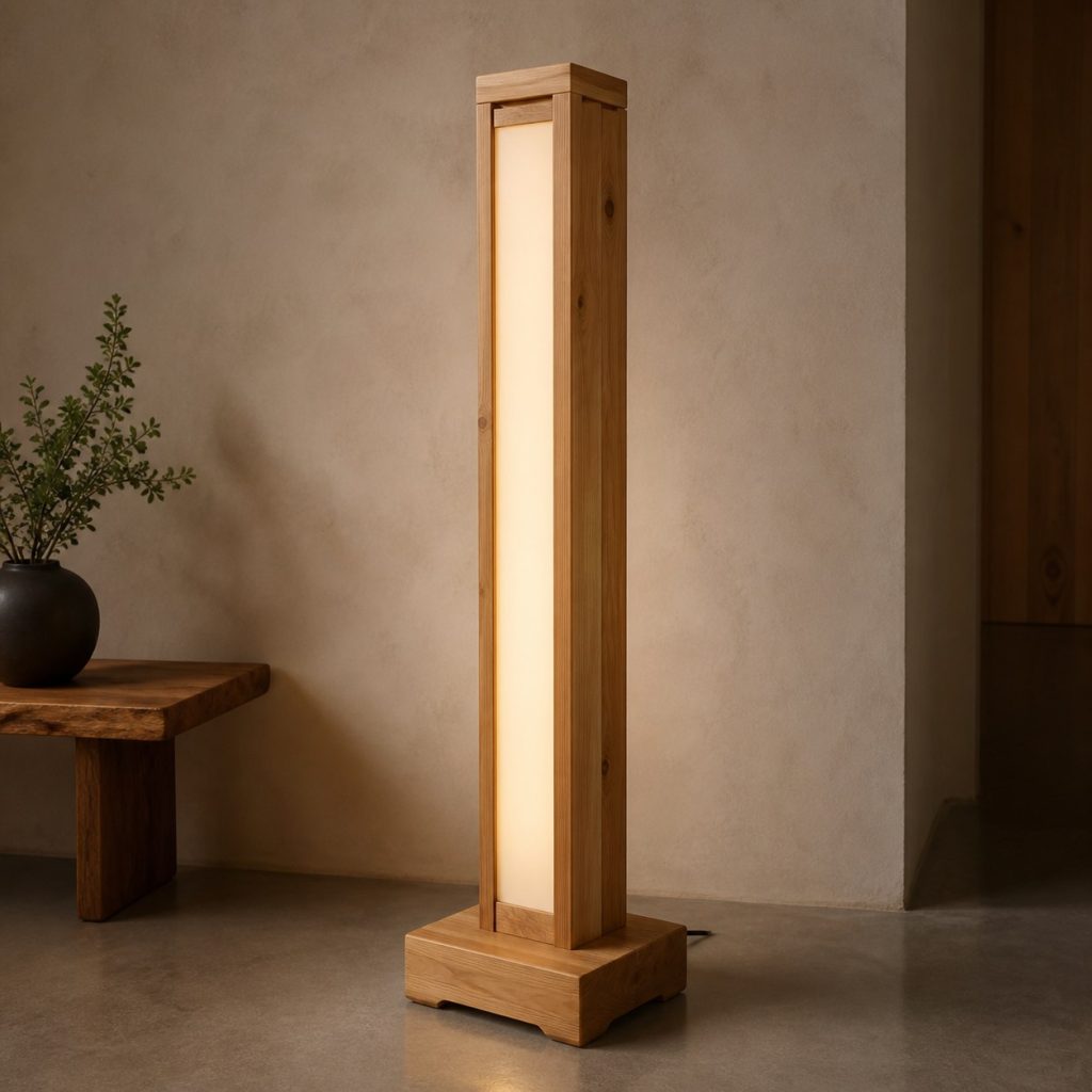Cypress Column Floor Lamp shown as an original square photorealistic cypress wood lamp with authentic grain, warm diffused light, and a short dark power cord