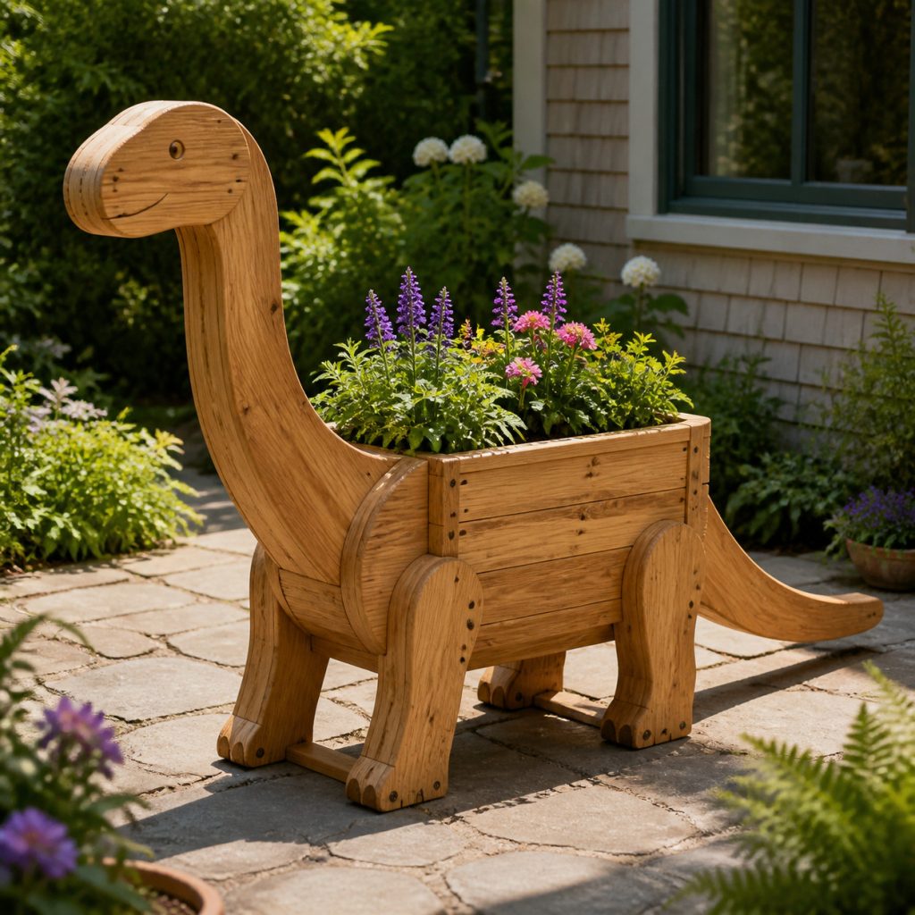 Long-Neck Cedar Dinosaur shown as a square photorealistic cedar garden planter filled with cottage flowers