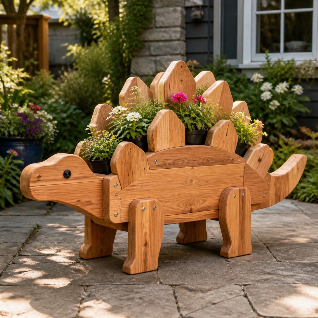 Stegosaurus Flower-Back Planter shown as a square photorealistic cedar garden planter filled with cottage flowers