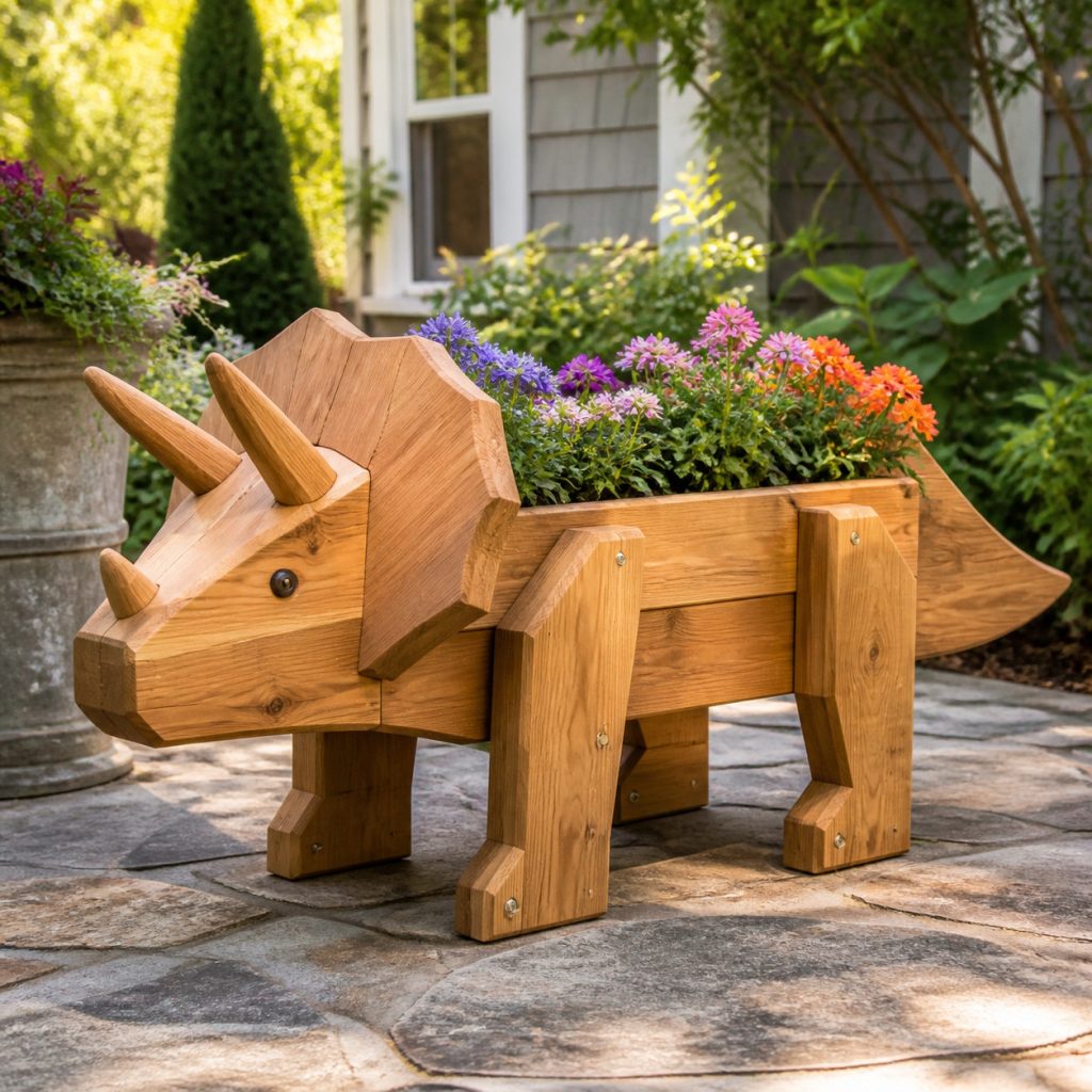 Friendly Triceratops Planter shown as a square photorealistic cedar garden planter filled with cottage flowers