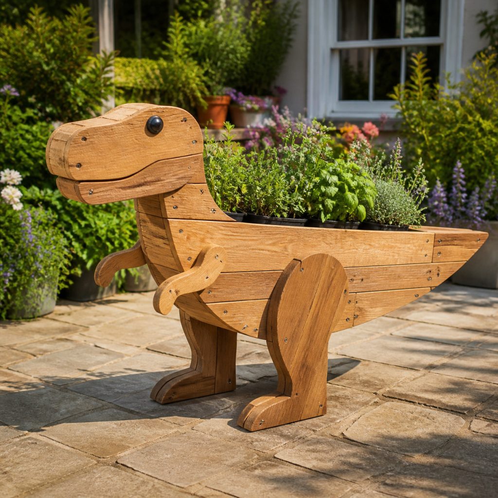 Playful Tyrannosaur Herb Box shown as a square photorealistic cedar garden planter filled with cottage flowers