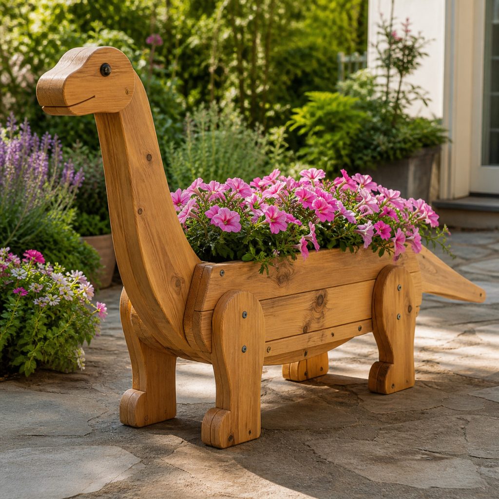 Low Brontosaurus Garden Planter shown as a square photorealistic cedar garden planter filled with cottage flowers
