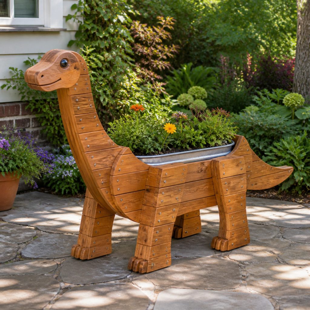 Dinosaur with Galvanized Insert shown as a square photorealistic cedar garden planter filled with cottage flowers