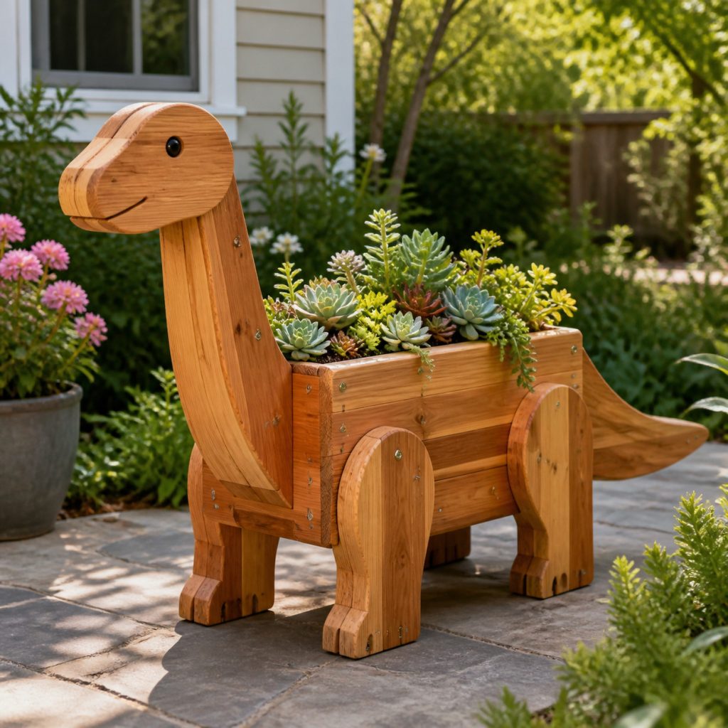 Porch Succulent Dinosaur shown as a square photorealistic cedar garden planter filled with cottage flowers