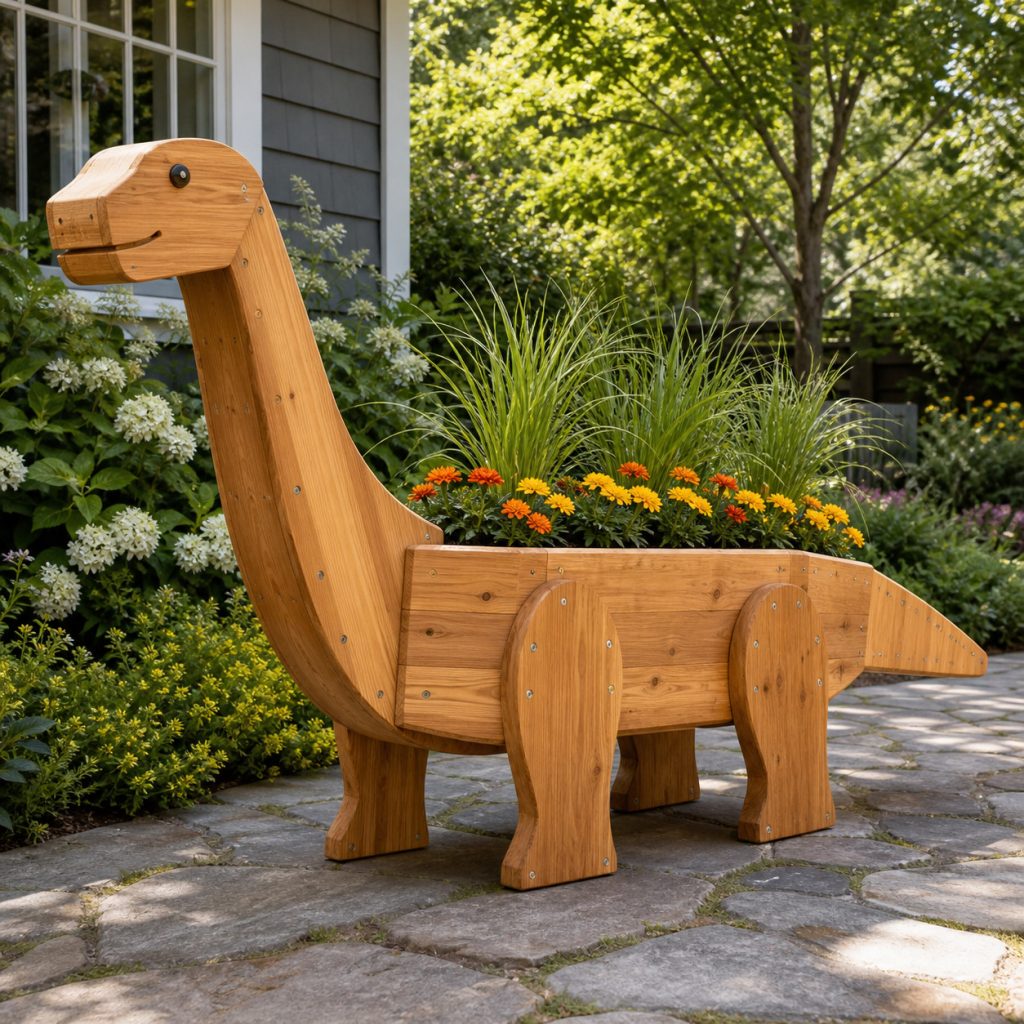 Large Flower-Spine Dinosaur shown as a square photorealistic cedar garden planter filled with cottage flowers