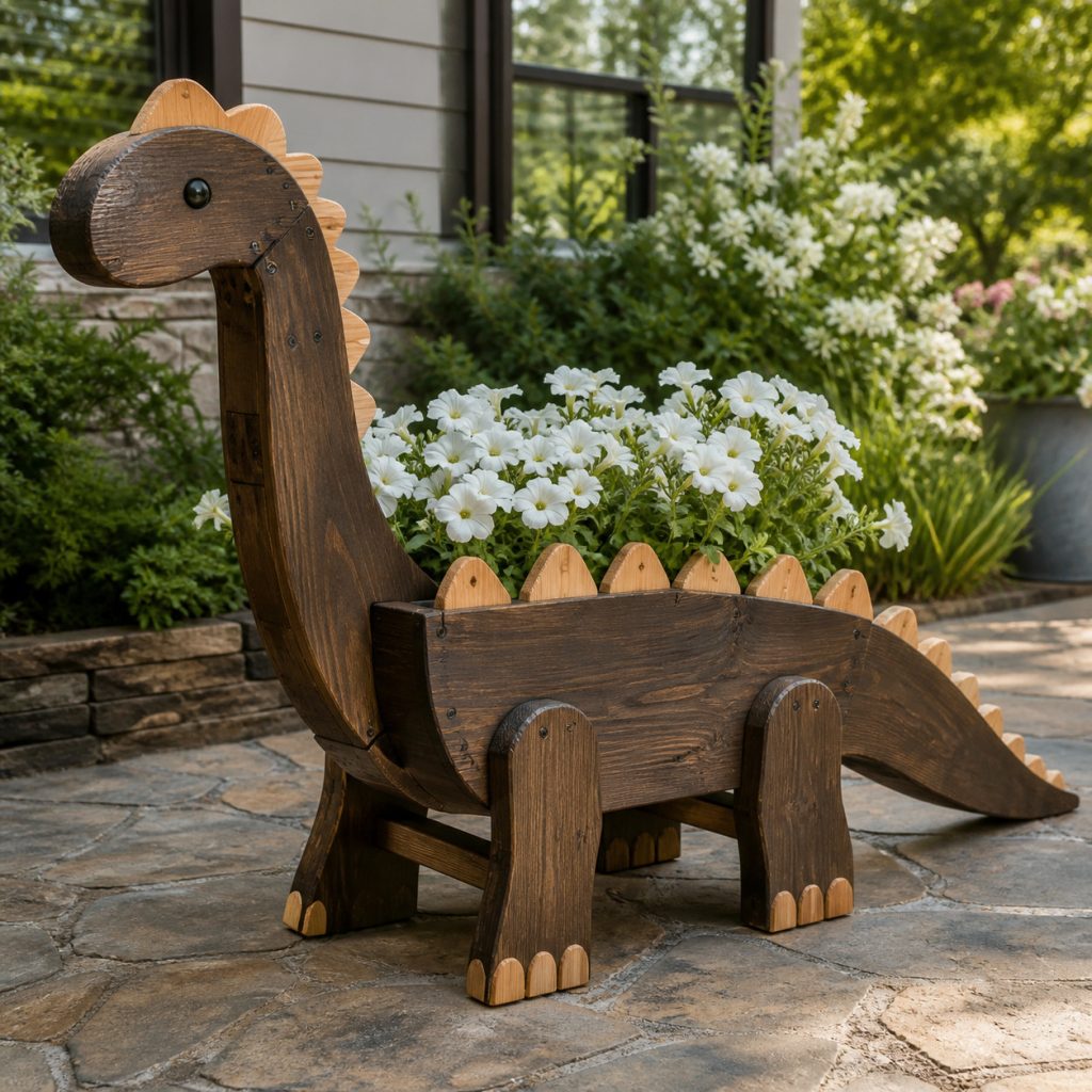 Two-Tone Stable-Tail Dinosaur shown as a square photorealistic cedar garden planter filled with cottage flowers