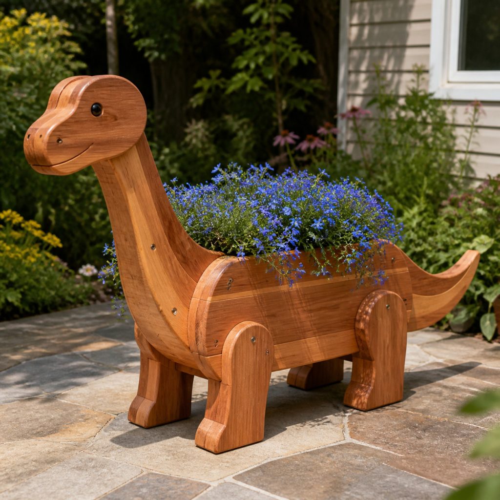 Rounded Storybook Dinosaur shown as a square photorealistic cedar garden planter filled with cottage flowers
