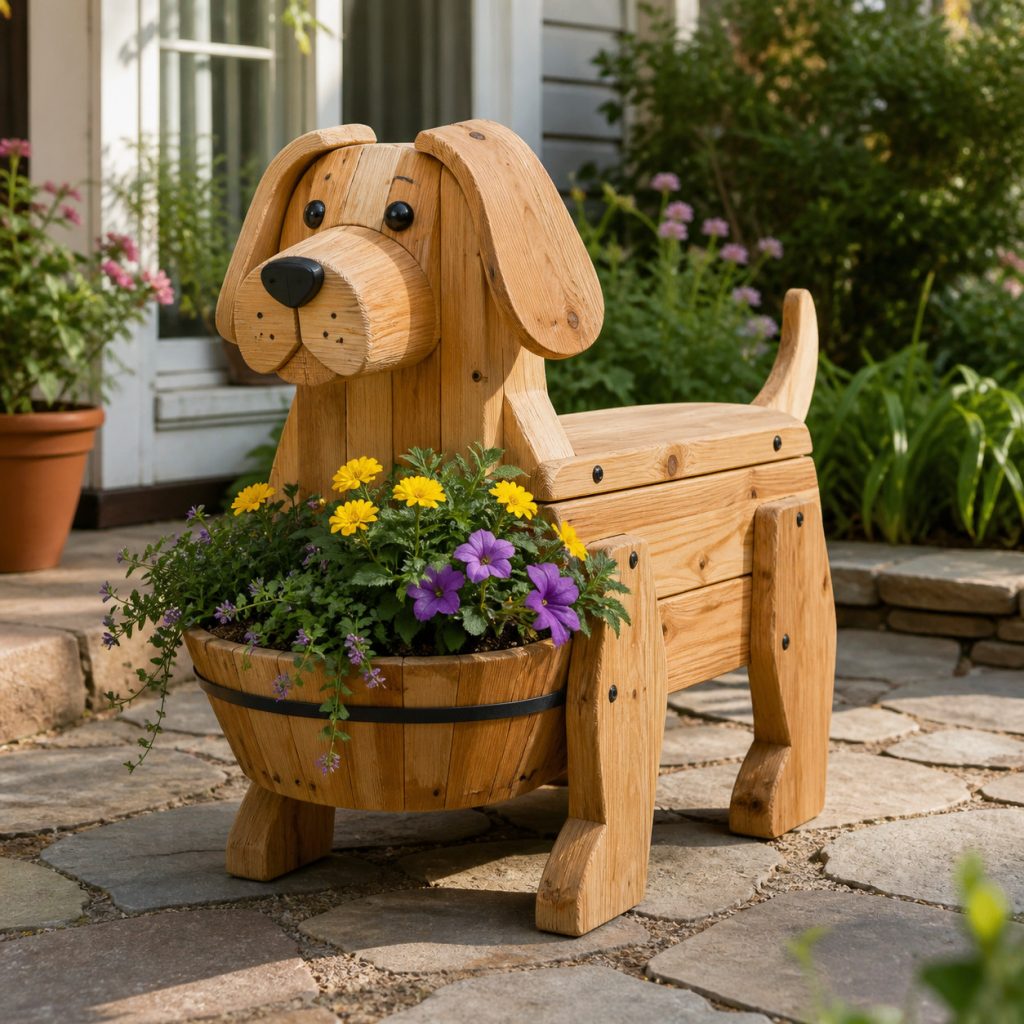 Compact Puppy Flower Pot shown as a square photorealistic cedar garden planter filled with cottage flowers