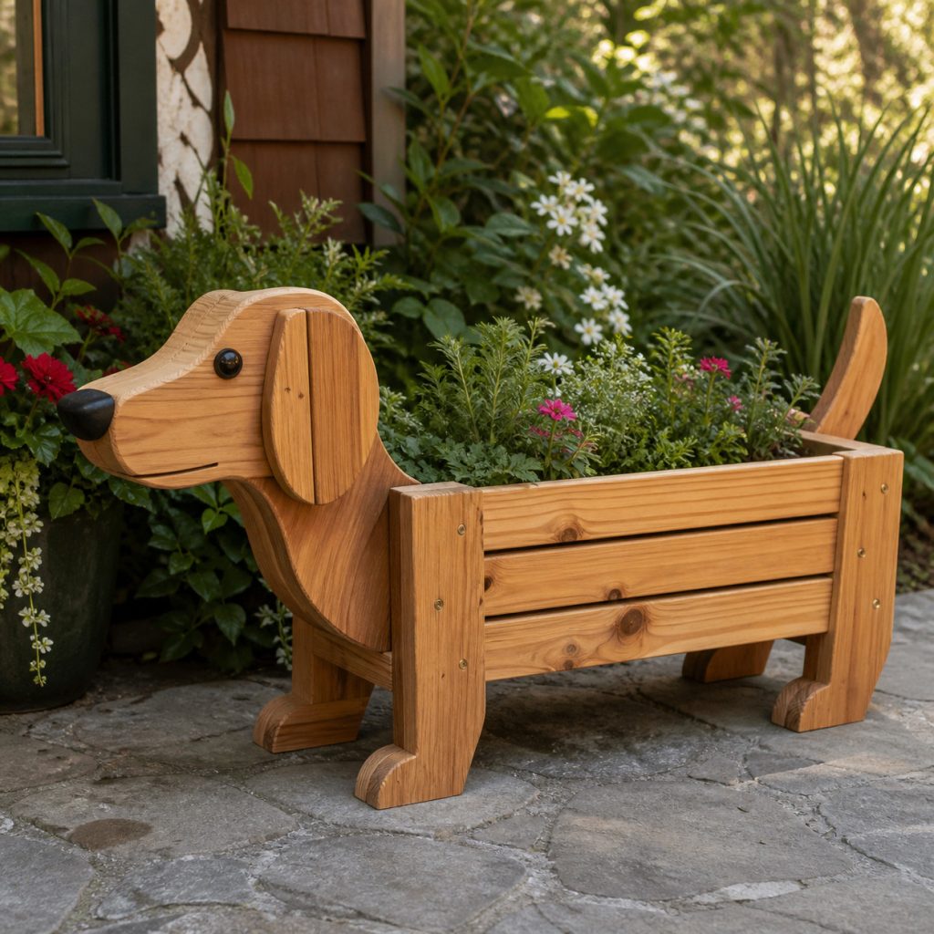 Long Hound Garden Trough shown as a square photorealistic cedar garden planter filled with cottage flowers