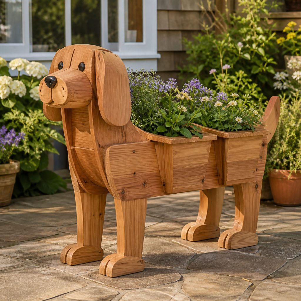 Dog with Saddle Pots shown as a square photorealistic cedar garden planter filled with cottage flowers